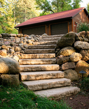Stone path with natural rock retaining wall in Hayward, Wisconsin